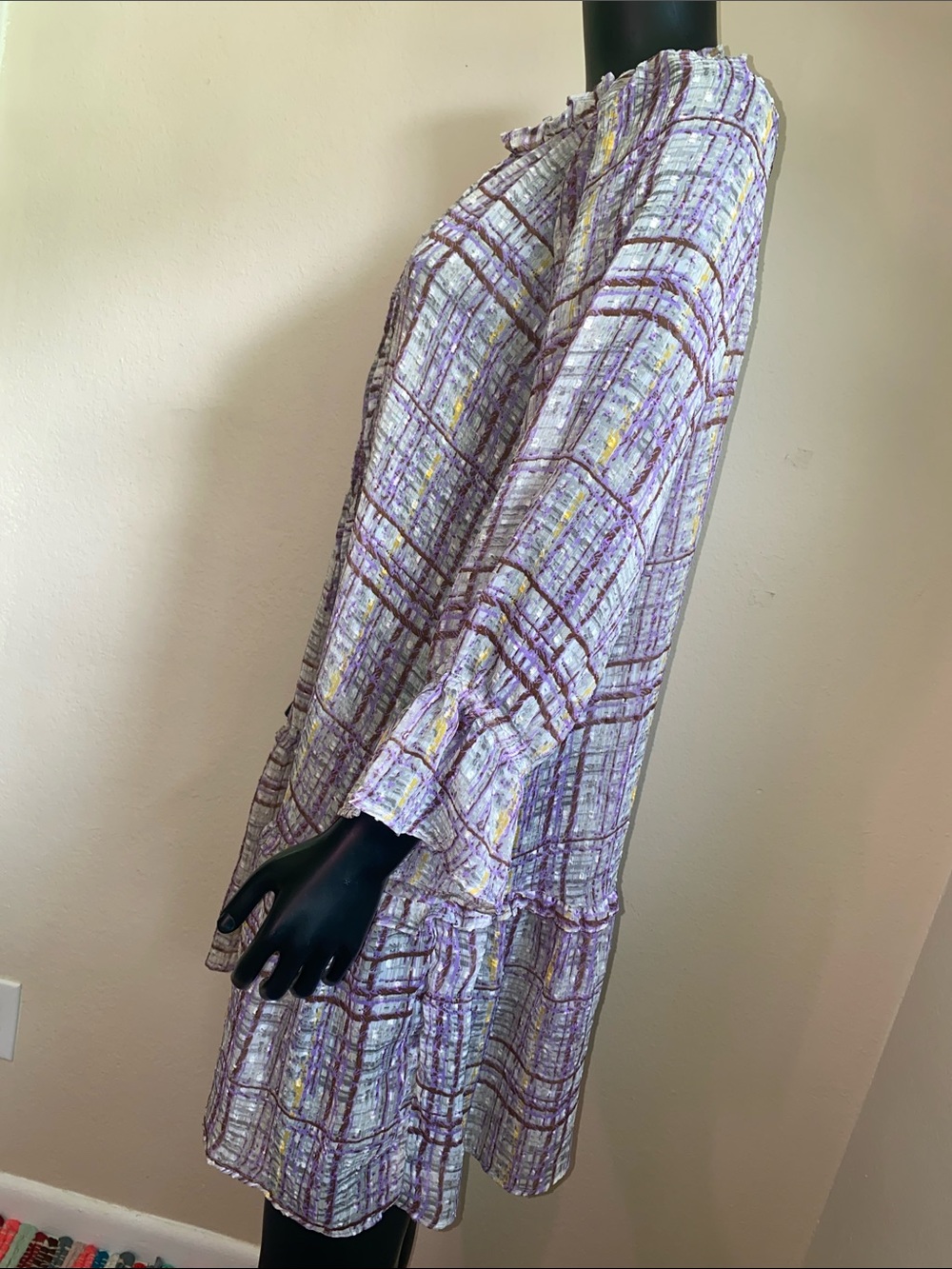 Cato Lavender Plaid Ruffle-Neck Sheer Mini Dress - Picture 5 of 11